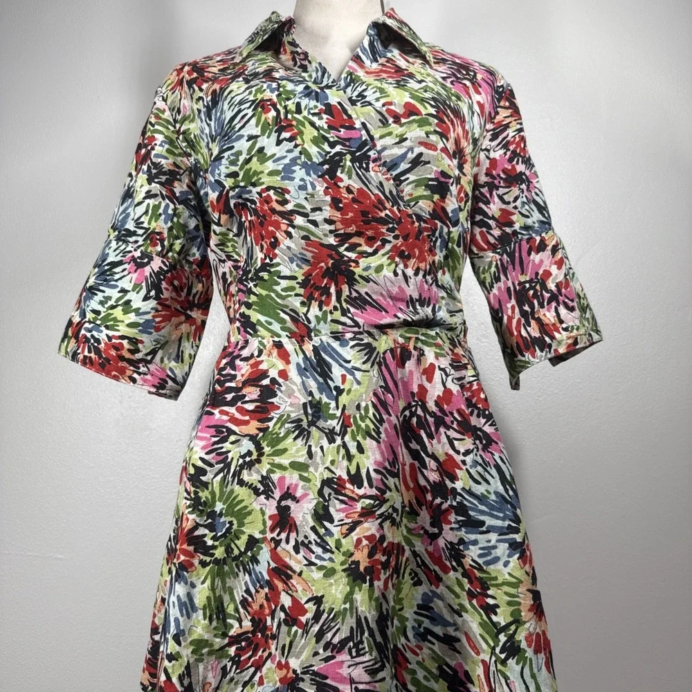 JG Hook Midi Dress Size 10 Linen Faux Wrap Multicolor Abstract Floral Belted - Picture 16 of 16